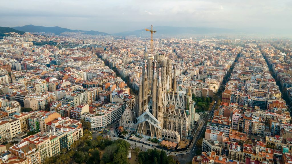 Aerial drone view of Barcelona, Spain