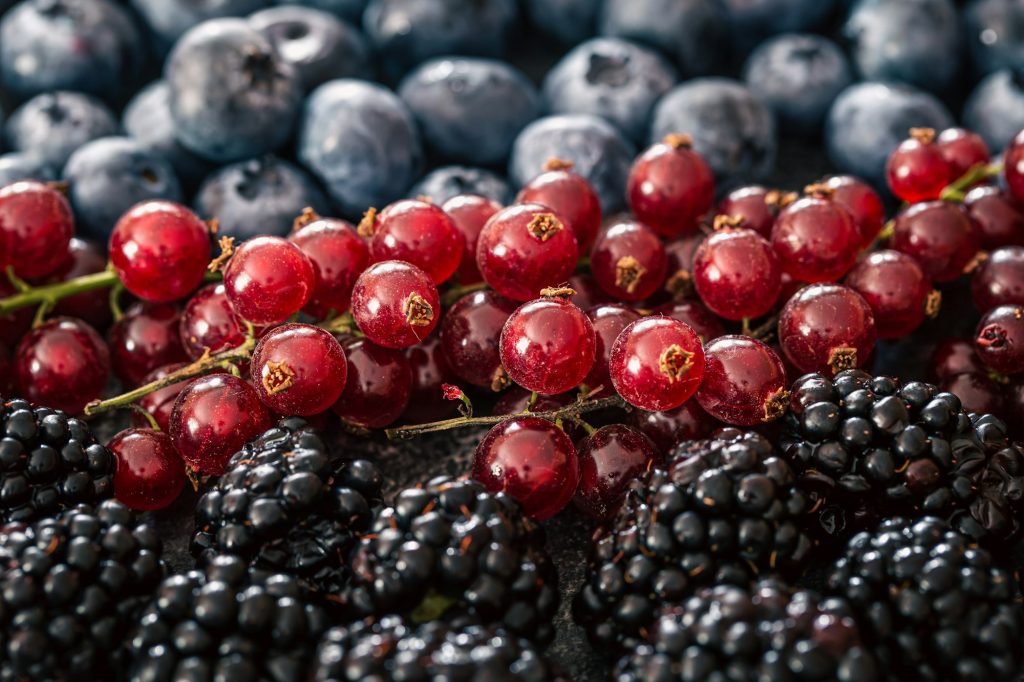 Background from a mix of different berries, macro photography.