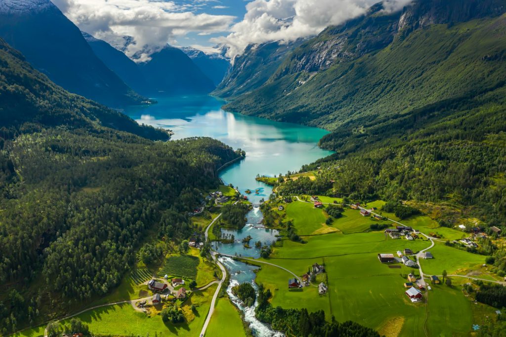 Beautiful Nature Norway natural landscape. lovatnet lake Lodal valley.