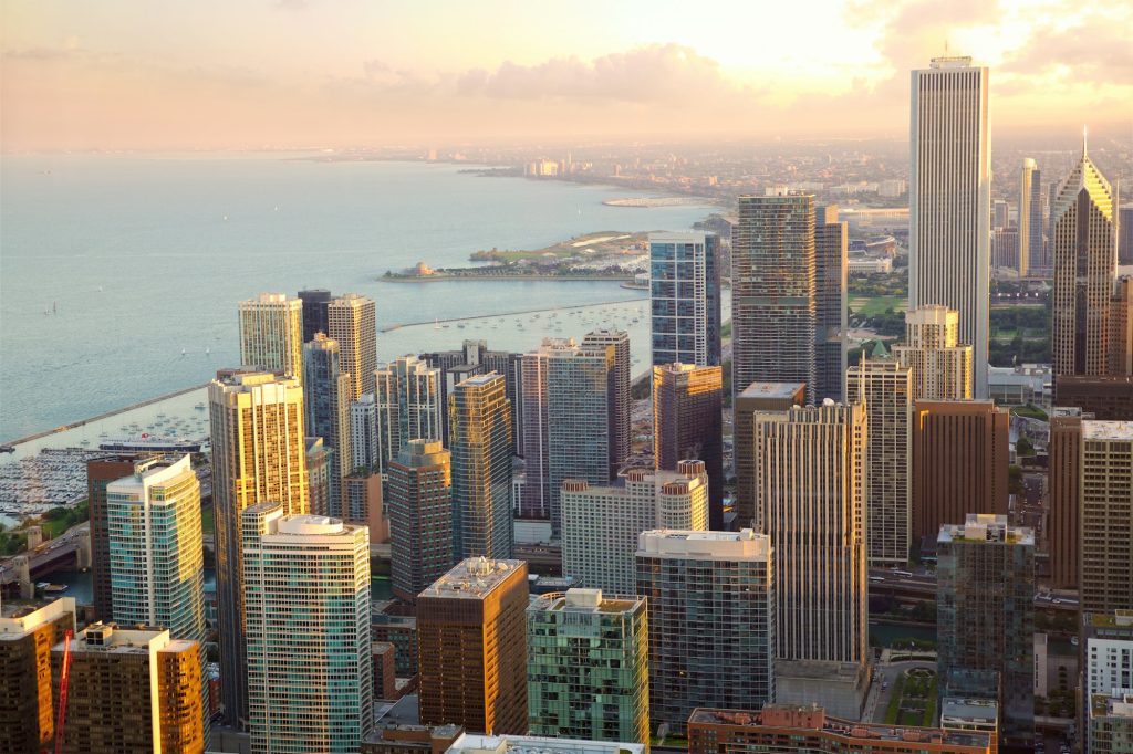 Chicago skyscrapers sunset view