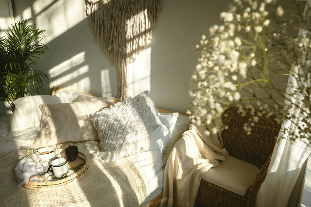 cozy bedroom background with window light and shadows