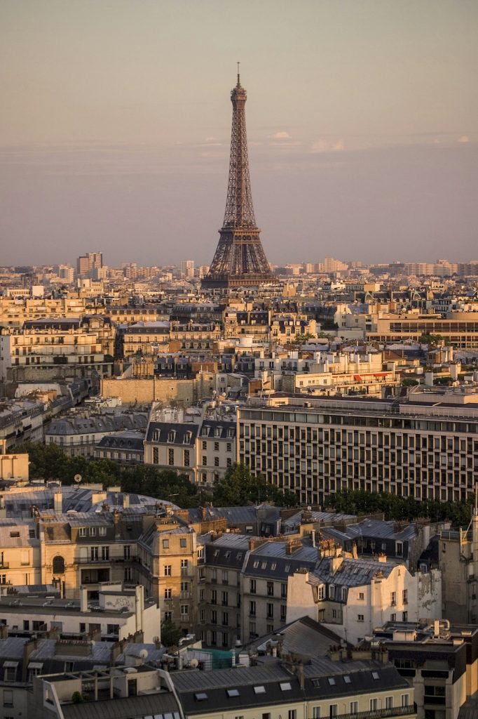 Elevated cityscape of rooftops and Eiffel Tower, Paris, France