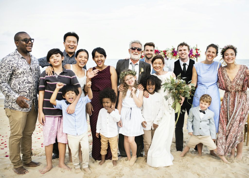 Happy friends and family at a wedding party