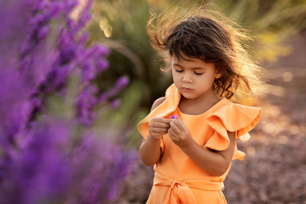 Little toddler girl playing with purple flower, springtime and summer kids portrait