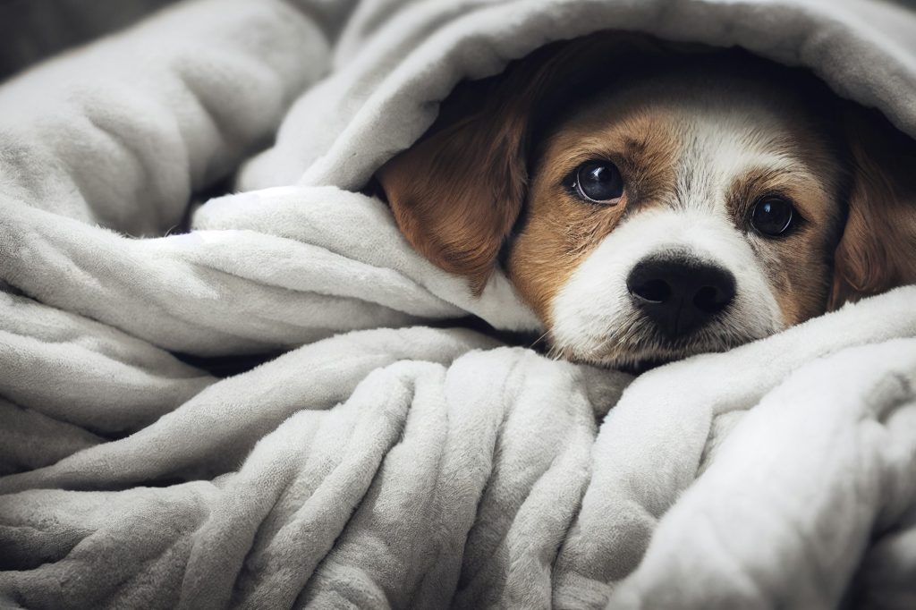 Photography of a small dog cuddling in a soft blanket. Puppy dog with cute brown muzzle sleeping und