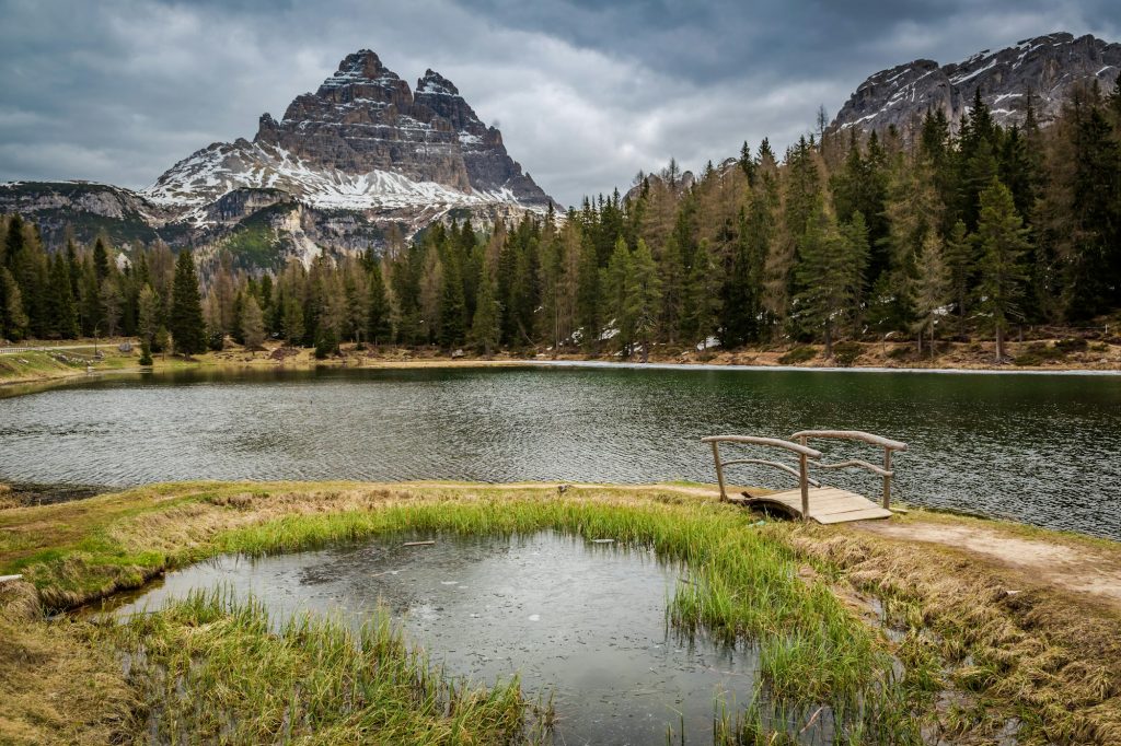 Small lake in the Dolomites on a cloudy day