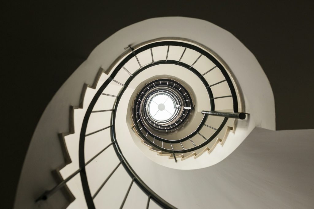 Spiral Staircase photographed upwards. Indoors. Architecture and design.