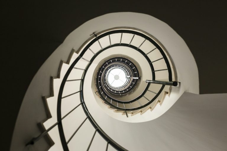 Spiral Staircase photographed upwards. Indoors. Architecture and design.