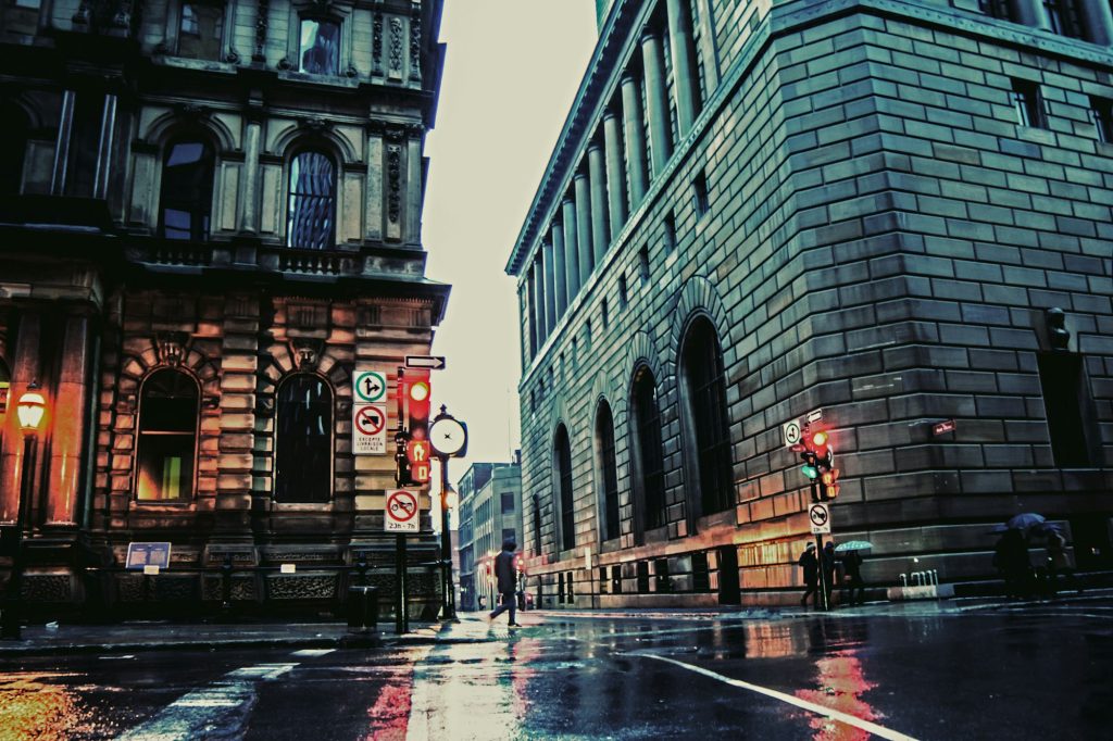 Streets in a rainy day in the old port of Montreal historic district photography city background